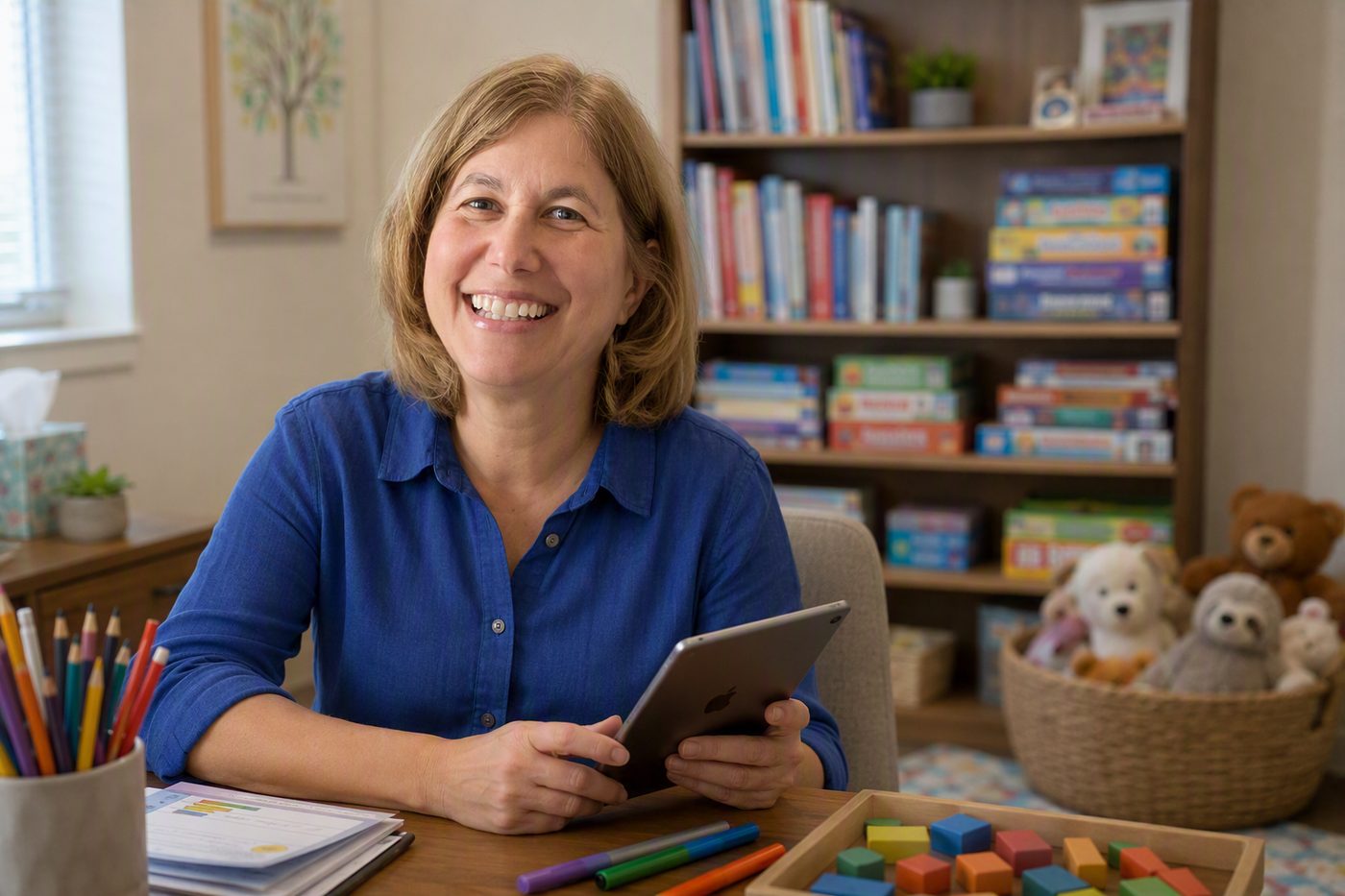 Dr. Rebecca Hoitash in her office, with games, books, and materials used in evaluations